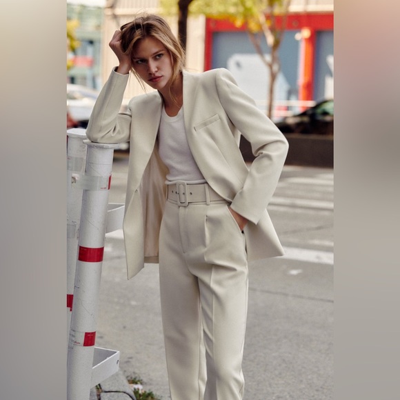 Zara ecru high waisted belted fabric pants blogger favorite - Picture 2 of 12